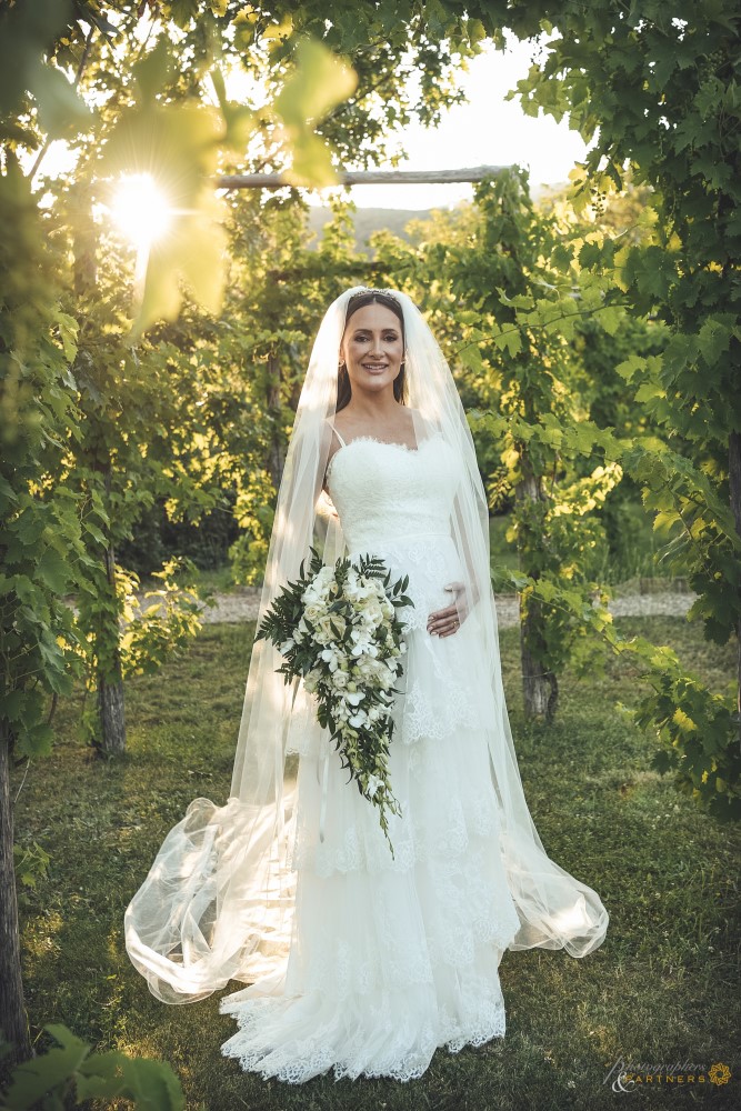 Fabiola surrounded by summer-coloured vineyards